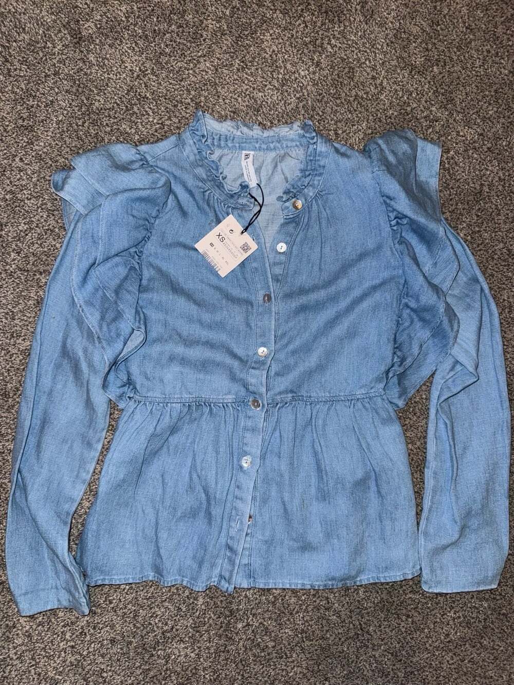 Zara Ruffled Denim Peplum Blouse Size XS